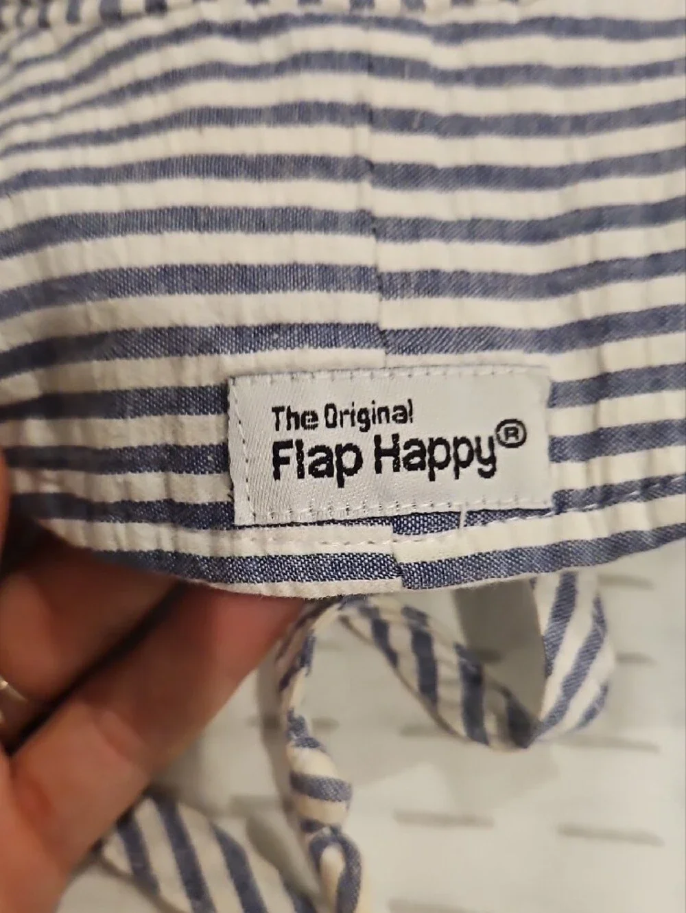 6-12 mo Flap Happy Chambray Seeraucker Striped Baby Sun Hat - Navy & White